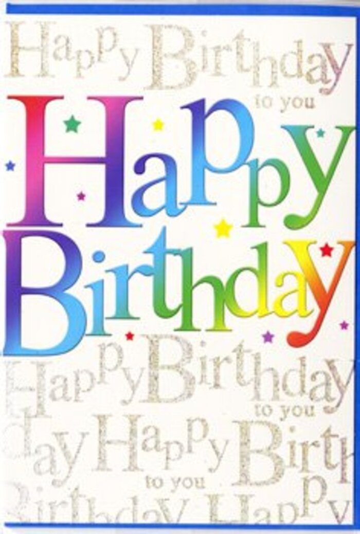 The image features a beautifully designed birthday card set against a simple background, allowing every detail of its colourful front to stand out, much like a carefully arranged bouquet in our North Harrow florist window. The central focus is the phrase Happy Birthday, displayed in large, generous letters that command attention without feeling heavy. Each letter has been filled with a cascading rainbow of colour, moving fluidly from rich crimson to magenta, tangerine, sunflower yellow, bright chartreuse, velvety green, and deep ocean blue. The colours softly melt into one another, creating a gradient effect that feels both playful and polished, similar to the intentional colour blending we use when pairing roses, gerberas, and seasonal stems for local birthday deliveries around Rayners Lane. The letters have a sleek, semi-gloss finish that seems to glow under the light, giving the impression that the message is gently lifting off the card. Behind this bold statement, the background is adorned with delicate gold-glitter script, repeating the line Happy Birthday to you in looping, cursive handwriting. The gold seems finely dusted, catching the light in a subtle, sparkling shimmer rather than a harsh glare, like the last golden rays of sunset over North Harrow's tree-lined streets. Light specks and tiny star-like shapes in coordinating tones of blue, pink, and gold are dotted across the design, suggesting confetti drifting down after a burst of celebration. The combination of strong, colourful typography and refined shimmering script creates a feeling of heartfelt festivity. This is the sort of card someone might prop beside a fresh jug of flowers on the dining table, turning an ordinary North Harrow afternoon into a warm, memorable birthday moment.