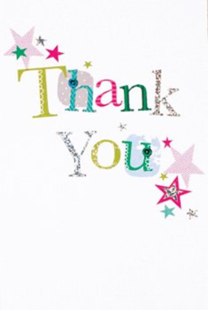 Arranged with subtle exuberance, this thank you card embodies a blend of whimsical flair and gentle elegance, much like the diverse spirit of North Harrow itself. Each letter of 'Thank You' radiates individuality: some play with spots and fanciful curves, others are rendered in a more refined, almost musical script, coloured in bold lime, vivid fuchsia, or cooled with shades of blue. A few letters are traced with stitching or dappled with polka dots, catching light that glances softly through the window of a North Harrow florist's workshop. Clusters of vibrant stars-striped pink, deep turquoise, and shimmering silver-gather nearby, their placement as intentional as the arrangement of the freshest stems for delivery along Imperial Drive. The overall composition floats within a crisp white expanse, imparting an airy, modern feeling, its uplighting reminiscent of early afternoon sun across a local café terrace. The sophisticated yet playful design makes this card an ideal accompaniment to any bouquet, its uplifting presence universal and adaptable. It's the sort of gesture that would charm both friends and neighbours in North Harrow-a sincere message of thanks, gracefully rendered and memorable, echoing both the joy of flowers and the goodwill of our local community.