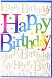 This photograph captures a joyful birthday card that seems to radiate celebration, the kind you might spot perched beside a bright vase of flowers in a North Harrow living room. Dominating the centre is the phrase Happy Birthday, rendered in big, friendly block letters that run across the card with a confident sweep. Each letter showcases a different segment of the rainbow, shifting smoothly from deep red and berry tones through warm orange, golden yellow, lime, fresh grassy green, and into vibrant turquoise and royal blue. The colours have a velvety, ink-rich look and a faint glossy sheen, as if they've just dried on the card, echoing the fresh vibrancy of a newly arranged bouquet. Behind this bold, multicoloured greeting, the background is gently filled with looping lines of golden script, repeating the words Happy Birthday to you in elegant cursive. The gold has a fine glitter effect that catches and reflects light in small, delicate flashes, like distant fairy lights twinkling above a garden gathering near North Harrow station. Small dots and star-like flecks of pink, blue, and gold sit here and there around the main wording, giving an impression of confetti and sparkling air. The composition feels carefully balanced: strong, lively colour in the foreground, and soft, shimmering detail behind, creating both depth and warmth. There is a sense that this card is not just sharing a message, but setting the mood for celebration-a design you might pair with a colourful, fragrance-rich birthday bouquet going out for same-day delivery to a home on Pinner Road or a cosy flat just off the high street.