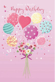 A soft, celebratory mood fills this illustrated birthday design, as if a pastel balloon bouquet has just lifted off from a doorstep in North Harrow. The background is a tender blush pink that sets off a cluster of balloons in gentle, sorbet shades-powder pink, mint green, buttery yellow, lilac, and sky blue. Each balloon is adorned with joyful details: candy-like stripes curling around their surfaces, playful polka dots that seem to dance, delicate floral and star patterns, and a central heart-shaped balloon that radiates warmth and affection. They appear to float weightlessly, yet are visually grounded by the lush flowers gathered at their base. The bouquet below is composed of delicate roses and anemone-like blossoms in creamy ivory, blush, pale mauve, and hints of deeper fuchsia, their petals soft and feathery, layered in tight clusters that suggest careful, expert arranging. The blooms are tied neatly with a violet satin bow, whose smooth, shining texture contrasts gently with the velvety softness of the petals and the glossy surfaces of the balloons. Light seems to pour over the scene, catching on the rounded curves of the balloons and the subtle sheen of each petal, as if filtered through a window on a bright birthday morning. Around the bouquet, tiny stars and butterfly shapes are scattered like confetti, adding a little touch of fairy-tale charm, reminiscent of children's parties in local parks and gardens. The illustration captures a birthday meant to feel bright, airy, and unforgettable-a sweet, uplifting blend of flowers and balloons that could have been dreamed up by a florist who loves turning special days into gentle, floating celebrations.